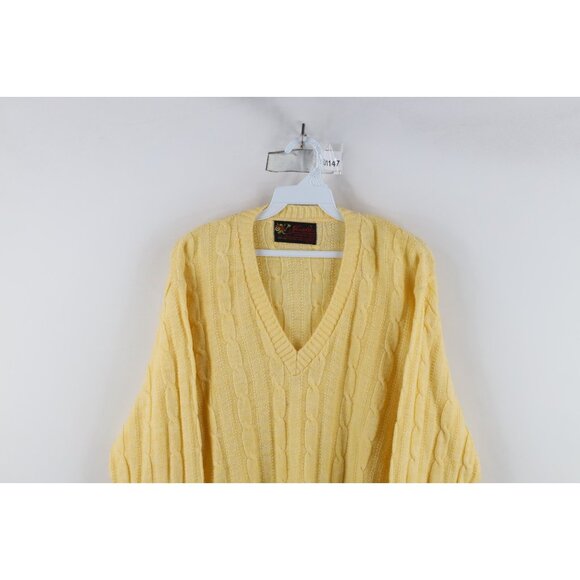 Vtg 70s Streetwear Mens Large Blank Chunky Cable Knit V-Neck Sweater Yellow USA - Picture 2 of 10
